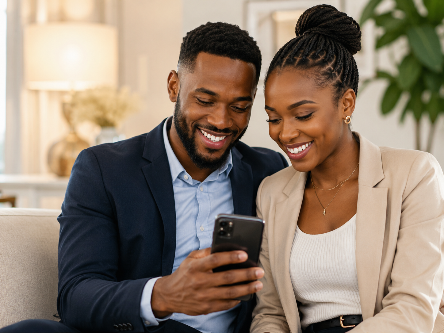 Wapenzi wakitabasamu pamoja wakitazama ujumbe wa Harusi Yetu kwenye simu